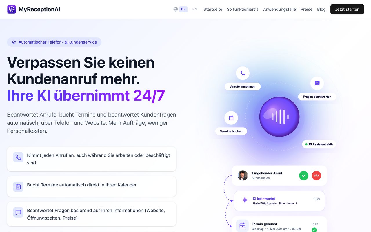 MyReceptionAI: aktueller Screenshot der Website